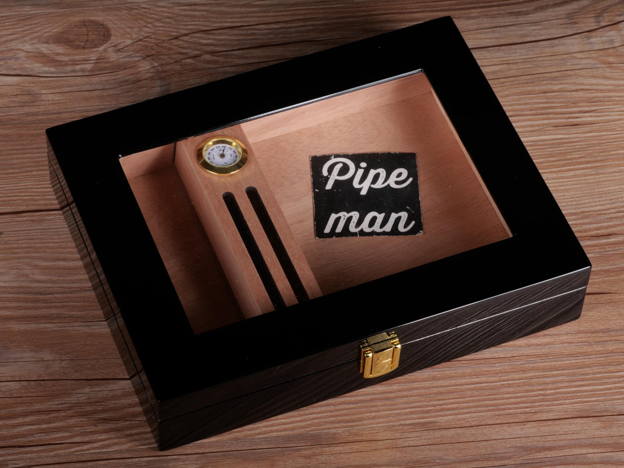 Hộp đựng cigar có đồng hồ đo độ ẩm sơn mài màu đen